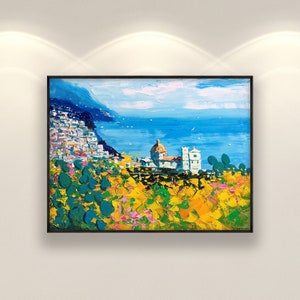 Positano Oil Painting on Canvas, Original Amalfi Coast with Yellow Flowers and Cactus, Large Modern Italian Art, Vibrant Living Room Decor