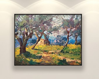 Olive Trees Oil Painting on Canvas, Original Impressionist Tuscan Landscape Art, Large Living Room Wall Decor, Unique Gift