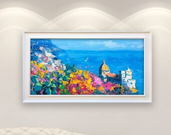 Positano Painting on Canvas, Original Painting, Amalfi Coast, Seascape Painting, Impressionist Italy Art, Living Room Wall Decor, Gift