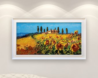Landschaftsbild auf Leinwand, Originalkunstwerk, Toskana Malerei, Land Malerei, Sonnenblumen Malerei, Wohnzimmer Wandkunst, große Wandkunst