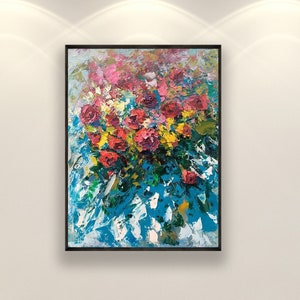 Red Roses Painting on Canvas, Large Vertical Original Modern Textured Floral Art, Flowers Wall Decor for Living Room, Unique Gift for Her