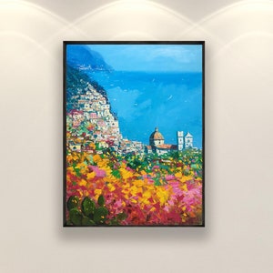 Positano Oil Painting on Canvas, Original Amalfi Coast Seascape with Flowers, Vertical Italian Wall Art, Modern Living Room Decor, Gift