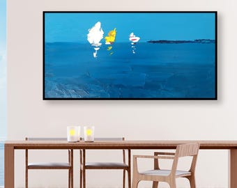 Origineel zeilboten oceaanolieverfschilderij, modern impressionistisch decor blauwe zeemuur