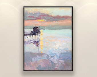 Original Trabocco Oil Painting, Fine Art Adriatic Coast Sunset Home Decor