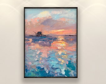 Sunset Painting on Canvas, Original Art, Seascape Painting, Ocean Painting, Abstract Painting, Modern Wall Decor, Large Wall Art, Gift