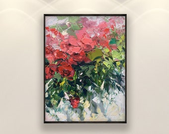 Red Roses Painting on Canvas, Original Art, Flowers Painting, Floral Art, Modern Wall Art, Living Room Wall Art, Large Art, Gift for Her