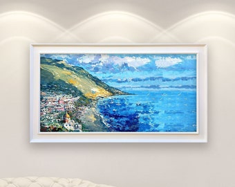 Original Positano Amalfi Coast Oil Painting, Modern Impressionist Italian Seascape Panorama Wall Art Decor