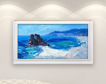 Pittura sulla spiaggia di Monterosso su tela, arte originale, pittura delle Cinque Terre Italia, arte astratta sulla spiaggia, arte della parete del soggiorno, opere d'arte di grandi dimensioni