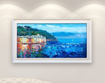 Portofino Italien Gemälde auf Leinwand, Originalkunst, Meereslandschaftsgemälde, impressionistische Kunst, Wohnzimmer-Wanddekoration, große Wandkunst, Geschenkideen