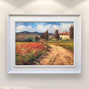 Tuscan Landscape Oil Painting on Canvas with Red Poppies, Original Impressionist Countryside Italian Artwork for Living Room Wall Decor