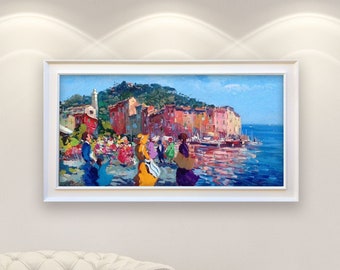 Portofino Painting on Canvas, Original Painting, Seascape Painting, Italy Painting, Impressionist Art, Living Room Wall Art, Large Painting