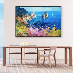 Capri Painting on Canvas, Italy Coastal Oil Painting, Modern Impressionist Seascape, Textured Mediterranean Wall Art, Living Room Decor