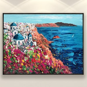 Santorini Painting on Canvas, Original Painting, Greece Painting, Seascape Painting, Impressionist Art, Living Room Wall Art, Large Wall Art image 1