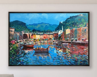 Portofino Painting on Canvas, Original Art, Impressionist Painting, Seascape Painting with Boats, Landscape Painting, Italy Painting, Gift
