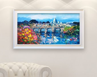Original Vatican City Rome Oil Painting, Modern Impressionist St. Peter's Basilica Panorama Wall Art