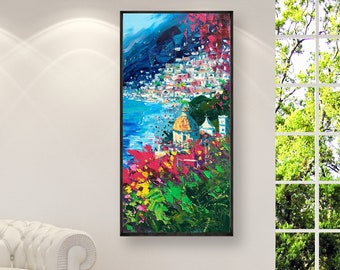 Dipinto ad olio originale verticale di Positano, paesaggio marino impressionista moderno della Costiera Amalfitana, opera d'arte da parete.