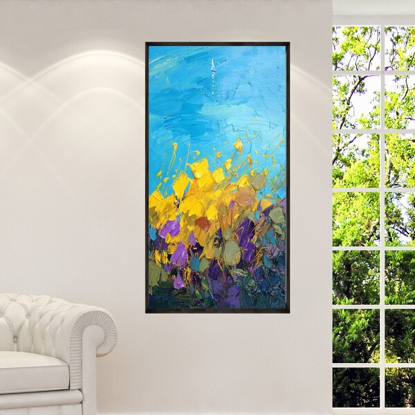 Peinture de paysage marin sur toile, peinture de fleurs jaunes et violettes, oeuvre d'art originale, peinture de mer, art impressionniste, texturé, art vertical, cadeau