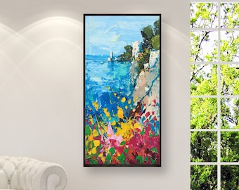 Tower Trasita Positano Painting on Canvas, Original Art, Italy Amalfi Coast, Seascape Painting, Impressionist Art, Vertical Art, Gift Ideas