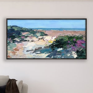 Original Beach Oil Painting, Modern Impressionist Coastal Vegetation Wildflowers Wall Art Decor