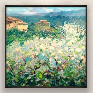 トスカーナの風景画プリント、ジクレー印刷イタリアの村のキャンバスアート、印象派スプリングヒルの壁飾り