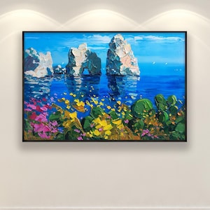 Capri Painting on Canvas, Oil Painting, Modern Impressionist Textured Art, Italy Coastal Wall Decor for Living Room, Anniversary Gift