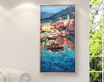 Portofino Painting on Canvas, Original Art, Italy Wall Art, Seascape Art, Impressionist Art, Landscape Painting, Bedroom Wall Art, Gift