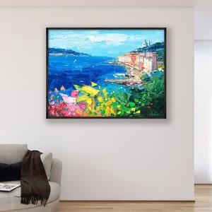 Portovenere painting, original oil painting on canvas hanging in a modern living room with a beige sofa and home decor