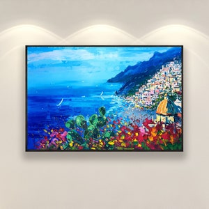 Positano Oil Painting on Canvas, Amalfi Coast Wall Art, Italian Seascape Original Canvas, Textured Coastal Decor, Large Living Room Art