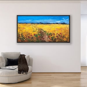 Dipinto su tela con campo di grano, dipinto a olio originale, arte moderna con paesaggio rurale strutturato, decorazione murale rustica per soggiorno, regalo