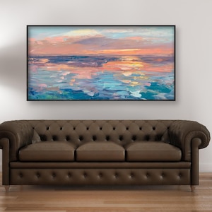 Original Ölgemälde Sonnenuntergang Ozean, impressionistische Panorama-Meerblick-Rosa-Gold-Himmel-Wand-Kunst-Dekor