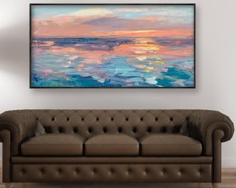 Original Sunset Ocean Oil Painting, Impressionist Panoramic Seascape Pink Gold Sky Wall Art Decor