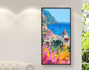 Dipinto originale ad olio di Positano, paesaggio marino verticale impressionista moderno della Costiera Amalfitana, opera d'arte da parete.