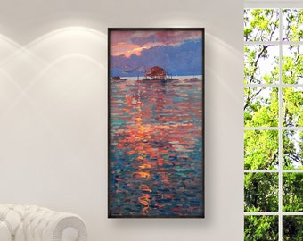 Orange Sunset Painting on Canvas, Original Art, Seascape Painting, Ocean Art, Impressionist Art, Sea Painting, Room Wall Art, Vertical Art