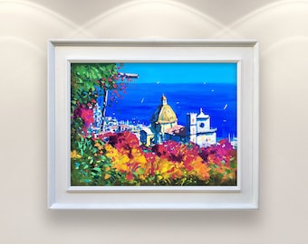 Original Positano Oil Painting, Contemporary Amalfi Coast Italy Seascape Wall Home Decor