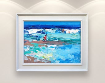 Beach Painting on Canvas, Original Painting, Ocean Art, Coastal Painting, People Art, Modern Wall Art, Living Room Wall Decor, Large Art