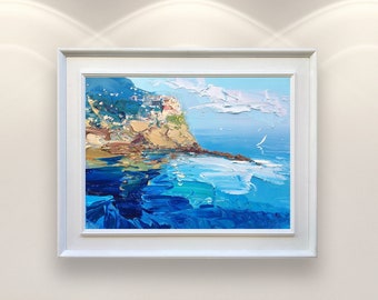 Manarola Cinque Terre Painting on Canvas, Original Art, Italy Painting, Seascape Painting, Impressionist Art, Living Room Wall Art, Gift