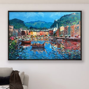 Portofino Painting on Canvas, Original Painting, Italy Painting, Seascape Painting, Impressionist Painting, Living Room Wall Art, Large Art image 2