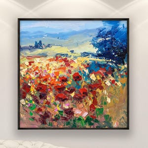 Pintura a óleo original de um campo de papoulas toscanas sobre tela, decoração de parede com paisagem floral vermelha.
