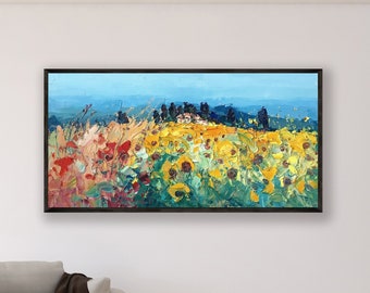 Landschaftsbild auf Leinwand, Originalkunstwerk, Toskana, Malerei, Sonnenblumen, Landmalerei, impressionistische Kunst, großes Wandbild, Geschenk