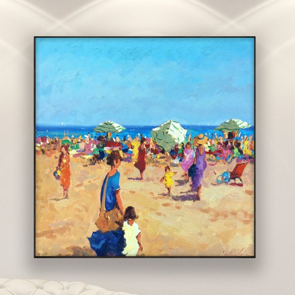 Origineel Sunny Beach-olieverfschilderij op canvas, People at Sea Wall Art Decor