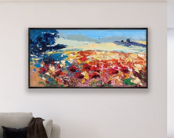 Landscape Painting on Canvas, Original Art, Modern Painting, Poppies Painting, Italy Painting, Extra Large Wall Art, Living Room Wall Art