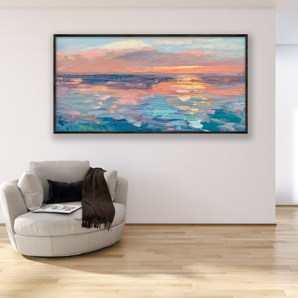 Sunset Painting on Canvas, Original Art, Ocean Painting, Abstract Art, Sea Painting, Living Room Wall Painting, Extra Large Wall Art, Gift