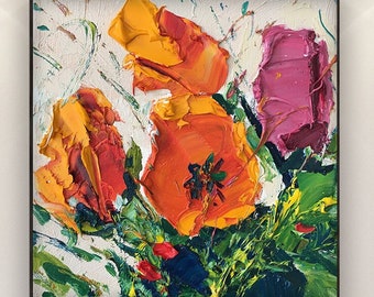 Original Tulip Flowers Oil Painting on Canvas, Colorful Floral Wall Art Decor