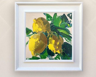 Dipinto originale ad olio di limoni, stile impressionista moderno, impasto di agrumi mediterranei, piccola decorazione da parete.
