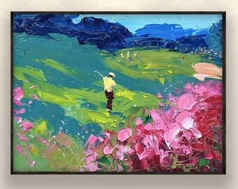 Original Golf Oil Painting on Canvas, Sports Landscape Wall Art
