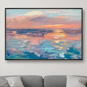 夕日の海の絵画プリント、ジクレー抽象夕日キャンバスアート、印象派風海岸壁装飾