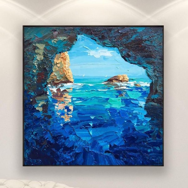 Original Blue Grotto Capri Oil Painting on Canvas, Cave Seascape Wall Art Decor