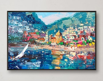 Original Positano Oil Painting, Modern Impressionist Panoramic Amalfi Coast Harbor Town Wall Art Decor