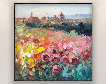 Oryginalny obraz olejny na płótnie "Florence Rose Garden", różowy kwiatowy pejzaż miejski, dekoracja ścienna