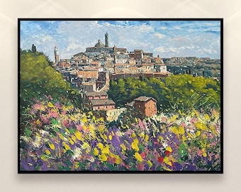 Original Siena Ölgemälde, impressionistischer Luxus Italien Stadtbild Skyline Leinwand Wand Kunst Dekor